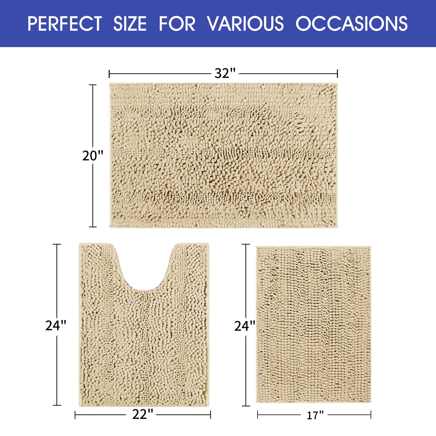 Accumtek Striped Beige Bathroom Rug Set 3 Pieces Ultra Soft, Non Slip Chenille Toilet Mat, Absorbent Plush Shaggy Bath Mats For